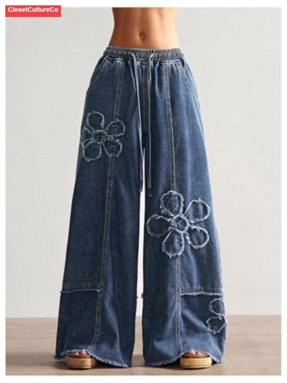 Y2K Baggy Wide Leg Boyfriend Jeans Low Rise Drawstring Loose Fit Denim Pants - Picture 5 of 5